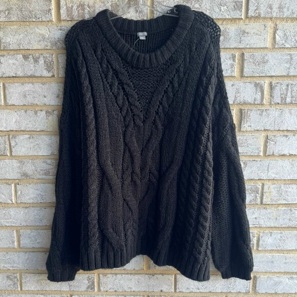 Aerie Long Sleeve Crew Neck Cable Knit Black Oversized Sweater Women's Size XL - Picture 1 of 6